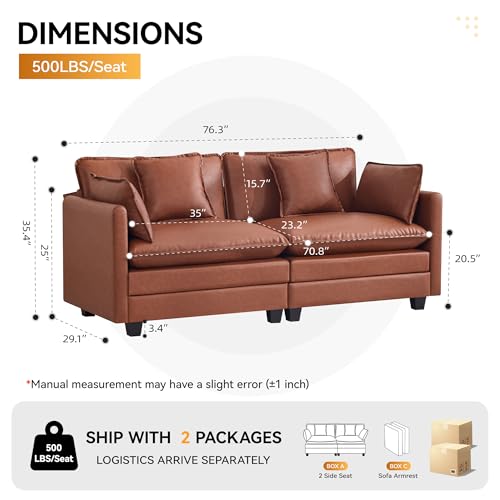 76'' Cloud Deep Seat Loveseat, Upholstered Leather Modular 2-Seats Sectional Sofa Couch, Modern Comfy Settee Loveseat for Living Room Set, Small Apartment, Leather Brown - color: Pu-dark Brown, size: 76'' Loveseat