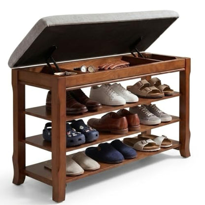 Solid Wood Shoe Rack Bench with Storage, Flip-Top Soft-Close Lid, 31.5” | 550 lbs Max Load, Adjustable Shelves, Cushioned Entryway Shoe Organizer for Closet, Hallway, Foyer - size: 31.5"
