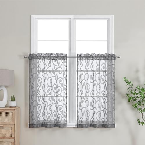 Furman Sheer Curtains Tiers 36 inch Length, Lightweight Soft Airy Solid Grey Short Voile Kitchen Curtains for Living Room Bedroom Cafe Basement Farmhouse Small Windows, Each 26Wx36L inch - color: Charcoal Gray, size: 28"W x 36"L (Pack of 2)