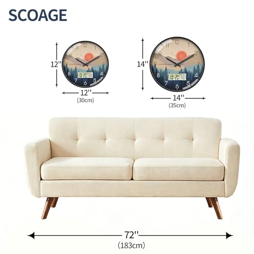 12" Wilderness Sunset Wall Clock, Analog Clock with Digital Display | Silent Non-Ticking, Battery Operated, Shows Date Day & Temperature, Decorative for Living Room, Bedroom, Kitchen, Office - color: Beige, size: 12inch