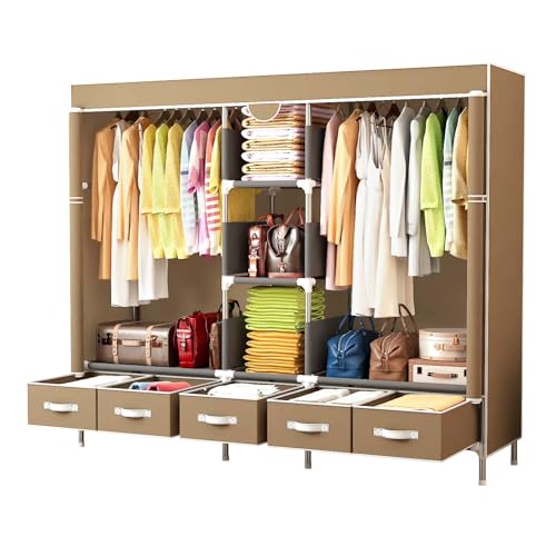 Portable Fabric Closet with 5 Drawers, 72.8x17.7x67.7 Inch Sturdy Clothing Storage Organizer with Hanging Rod, Non-Woven Wardrobe for Bedroom Dorm Apartment (Coffee) - color: Coffee