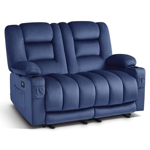MCombo 56 in Reclining Loveseat Recliner with Heat & Massage PR648 (Blue) | 155° Zero Gravity, Dual Charging Ports, Cup Holders, FSC & OEKO Certified - color: Navy Blue, size: Loveseat Recliner with Zero Gravity