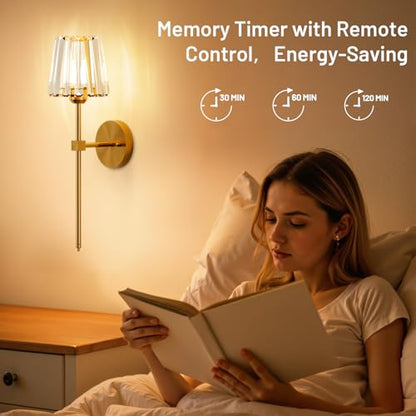 Crystal Battery Operated Wall Sconces Set of 2, Gold Rechargeable Wireless Wall Sconce Lights with Crystal Lampshade, 12 RGB and 3CCT Dimmable Wall Lamps with Remote for Bedroom Living Room Hallway - color: Gold
