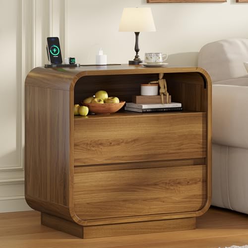 HAUOMS 23.6" Wide Wood Bedside Table, Curved Profile Design, Walnut | Charging Station, 2 Storage Drawers, 25" Tall Nightstand, Large Mid Century End Table, Bedroom/Living Room, Easy Assembly - color: Walnut