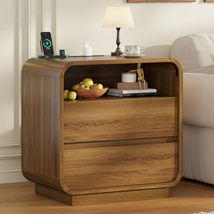 HAUOMS 23.6" Wide Wood Bedside Table, Curved Profile Design, Walnut | Charging Station, 2 Storage Drawers, 25" Tall Nightstand, Large Mid Century End Table, Bedroom/Living Room, Easy Assembly - color: Walnut