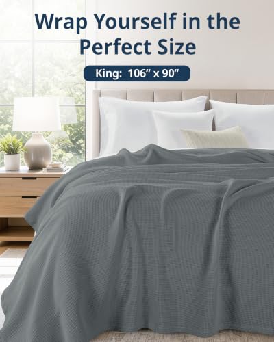 LANE LINEN King Blankets for the Bed - 300 GSM Cotton - Soft & Cozy Blankets - Breathable, Classic Waffle Texture & Durable Warm Blanket - Everyday Bed Use & Relaxing on Couch - 106"x90" - Sharkskin - color: 08: Sharkskin, size: King