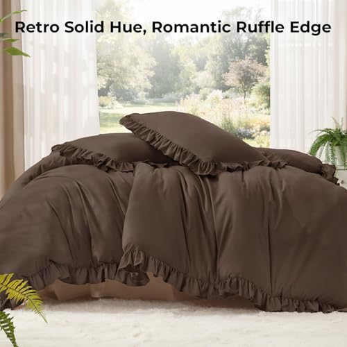Litanika Twin Comforter Set, 2 Pieces Brown Ruffle Bedding Set | Farmhouse Shabby Chic Aesthetic Soft Fluffy Lightweight Breathable Bed Set for Girls Women Room Decor Gift All Season - color: Brown, size: Twin (66"x90")