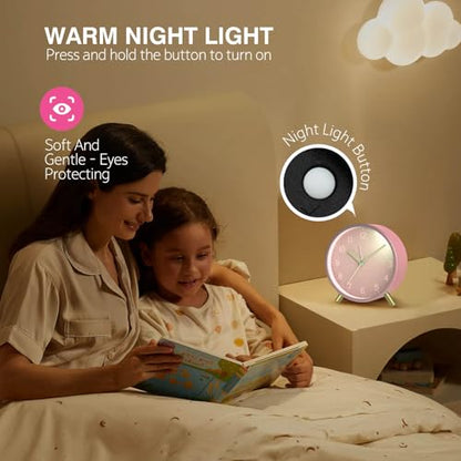 Back to School Silent Analog Quartz Alarm Clock for Kids Bedroom,Night Light, Battery Operated, Fashionable Round Metal - color: Pink
