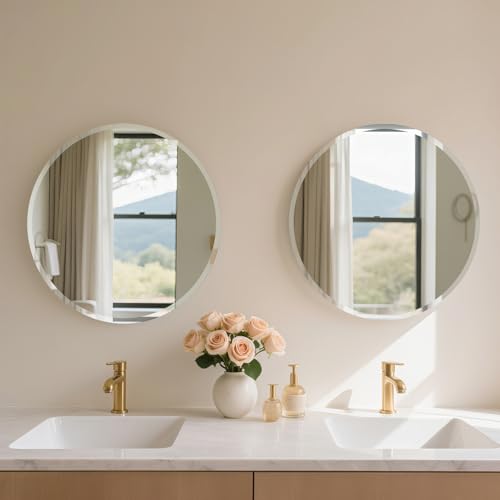 Frameless Round Mirror 24 Inch, Round Mirror with 1 inch Beveled Edge, Beveled Bathroom Mirrors for Vanity, Living Room, Entryways - size: 24"L x 24"W