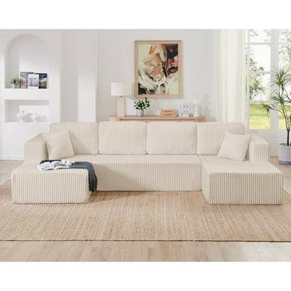 U shape Modular Sectional Sofa, Compressed Sectional Sofa Modern Minimalist Style Corduroy Couch, Sleeper Sofa for Living Room, Bedroom, Comfy Compressed Sofa Couch Space-Efficient Design-beige Mini