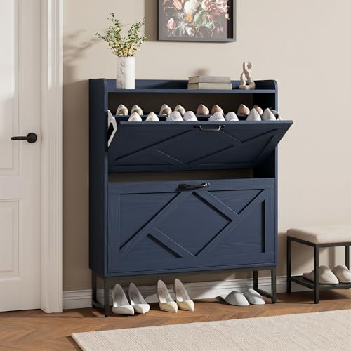 Shoe Cabinet Storage for Entryway, Slim Shoe Storage Cabient with 2 Flip Drawers, Narrow Vertical Shoe Rack Cabinet with Metal Hooks, Small Space Solution for Hallway, Blue - color: Blue