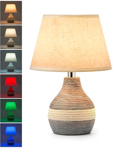 UMEXUS 10" Small Ceramic Cordless Table Lamp, Rechargeable Battery, Coastal | Timer, Dimmer, Linen Shade, Remote Control RGB & Warm Lights, Farmhouse Home Decor Kitchen Counter Living Room Side Table - size: 10"H Mini - Rope accent design