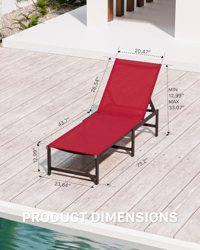 Aluminum Outdoor Chaise Lounge, 5-Position Textilene Chair,Red | Rust-proof aluminum frame; UV quick-dry Textilene mesh; 5-position recliner; supports 400 lbs, built-in armrests - color: Red, size: 1 Chair
