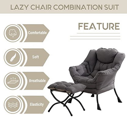 Lazy Chair with Ottoman, Comfy Accent Reading Chair, Dark Grey | Foldable Footrest,Removable Cover,with Armrests and Side Pockets,Upholstered Lounge Chair for Bedroom,Dorm,Office,Small Space - color: Dark Grey