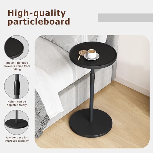 Adjustable Round Side Table, Pedestal Drink Table for Small Spaces | Small End Table, Tall Round Nightstand for Living Room Bedroom Black Wood Grain ET-010BW - color: Black Wood Grain