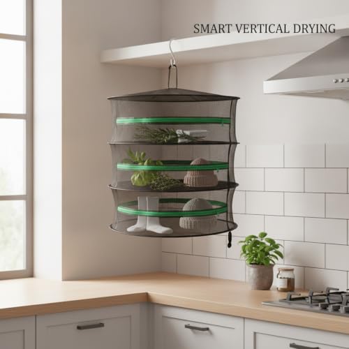 Collapsible Hanging Dryer with Zippered Mesh Layers, Space-Saving Foldable Air Drying Rack for Kitchen, Balcony, and Laundry (Black) - size: 22.83 x 22.83 x 7.09 in