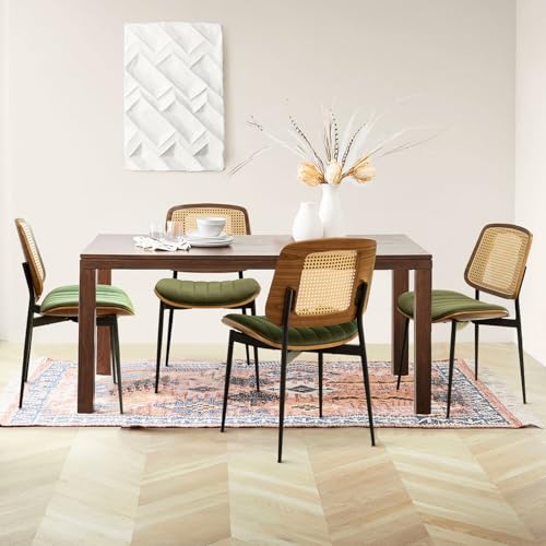 Rattan Dining Room Chairs Set of 2, Mid Century Modern Kitchen Chairs,Green Velvet Walnut Wood Finish Side Chair, Metal Legs Chair with Rattan Backrest,Green Fabric - color: Green 2, size: Set of 2