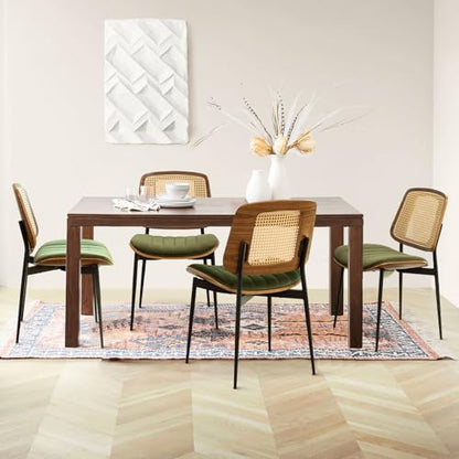 Rattan Dining Room Chairs Set of 2, Mid Century Modern Kitchen Chairs,Green Velvet Walnut Wood Finish Side Chair, Metal Legs Chair with Rattan Backrest,Green Fabric - color: Green 2, size: Set of 2