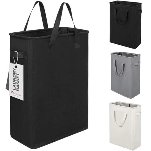 Narrow Laundry Hamper, Skinny Laundry Basket, 45L Black, 24" | Slim Laundry hamper for Small Spaces laundry bag with handle, Foldable clothes hampers for laundry basket organizer - color: Black (With Handles)