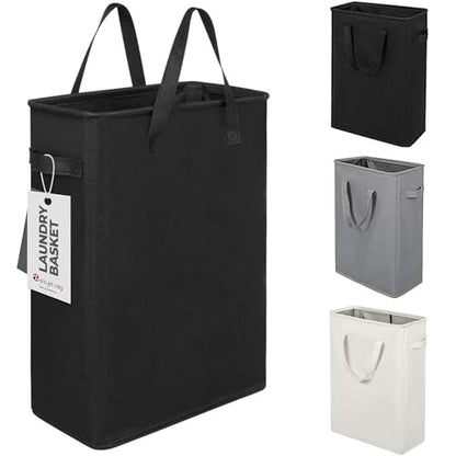 Narrow Laundry Hamper, Skinny Laundry Basket, 45L Black, 24" | Slim Laundry hamper for Small Spaces laundry bag with handle, Foldable clothes hampers for laundry basket organizer - color: Black (With Handles)