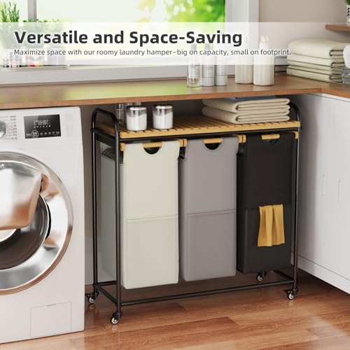 BambooHomie Laundry Hampers 3 Section, Laundry Sorter with Removable Shelf and Pull-Out Bags, Rolling Cart Clothes Hampers Basket with Wheels for Laundry Room Bathroom, 3 x 45 L (Black Beige Gray)