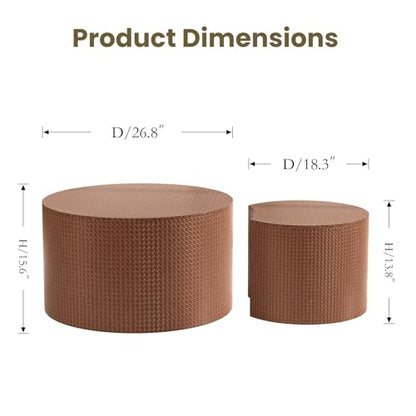 Nesting Coffee Table Set of 2, Round, Brown | Hidden Storage, Leather Wrapped, Stackable End Tables, No Assembly Required, For Small Space Living Room Apartment - color: Brown