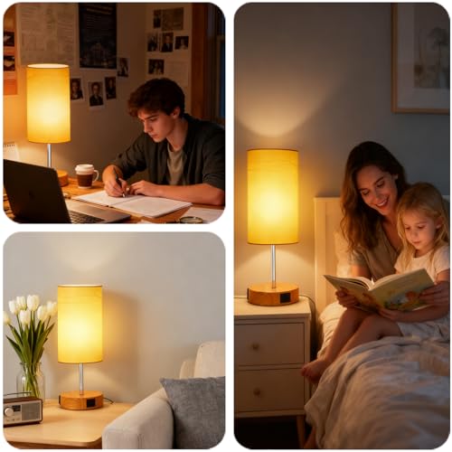 HiBay 17.75" Touch 3-Way Dimmable Bedside Table Lamp with Charging Station | Touch control, 3-way dimming, USB-A USB-C & AC outlet, farmhouse wood-grain adds cozy warmth for living room office desk - color: Wood Grain, size: Set of 1