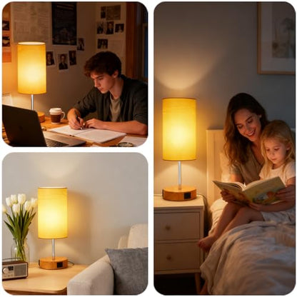 HiBay 2-Set Touch Dimmable Table Lamps with Charging Station, Wood-Grain | Touch control, 3-way dimming, USB-A USB-C & AC outlet, farmhouse wood-grain adds cozy warmth, set of 2 for two nightstands. - color: Wood Grain, size: Set of 2
