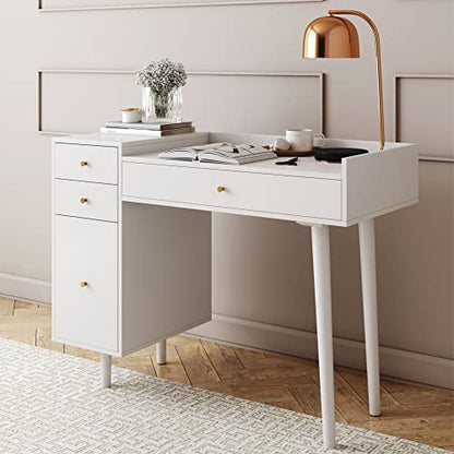 Nathan James Daisy Vanity Dressing Table or Makeup Desk with 4-Drawers and Brass Accent Knobs, White Wood - color: White