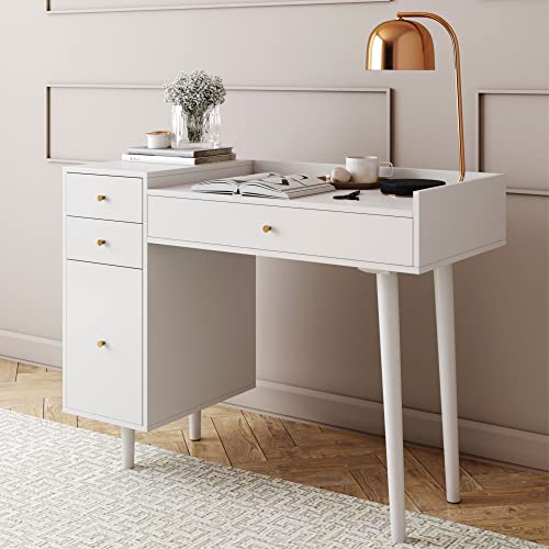 Nathan James Daisy Vanity Dressing Table or Makeup Desk with 4-Drawers and Brass Accent Knobs, White Wood - color: White