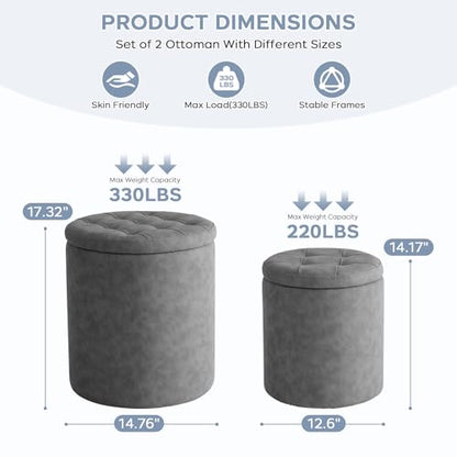 oakvivo 12.6" W x 14.17" H & 14.76" W x 17.32" H Storage Ottoman Foot Stool for Couch, Nesting Round Vanity Stools Padded Ottomen, Leather Set of 2 Footrest for Living Room,Grey - color: Grey