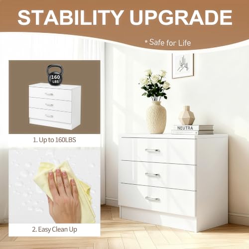 Vasitelan Wooden 3 Drawer Dresser, Modern Storage Chest of Drawers, Wood Bedside Table Night Table for Bedroom,Living Room (White) - color: White