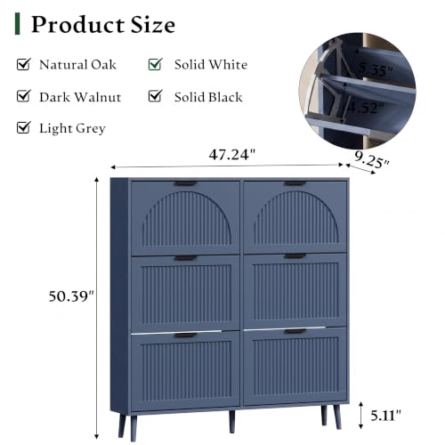Xixini Shoe Storage Cabinet with 6 Flip Drawers, 50" Tall Narrow Wood Fluted Shoe Organizer for Entryway, Freestanding Wooden Hidden Slim Shoe Rack for Front Door Entrance, Hallway, Foyer, Navy Blue - color: Navy Blue, size: 6 Flip Drawers