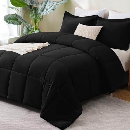 Super King Plus Comforter Set, 3-Piece Box-Stitched, Black | 128 x 120 in Maximum Coverage in the Collection, 270 GSM Fill, 90 GSM Brushed Microfiber Shell, OEKO-TEX Certified - color: Black, size: Super King Plus(128"x120")