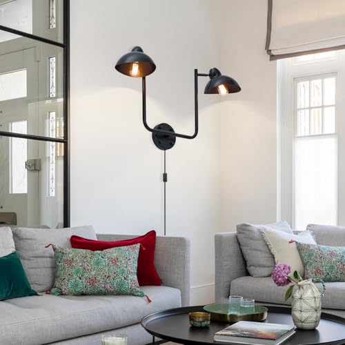 Adjustable Black Swing Arm Wall Sconce, 2-Light Plug in Wall Lamps with ON/Off, Rotatable Metal Dome Shades Wall Mount Lighting Fixture for Living Room Bedroom Study - color: Black-B 2-Lights