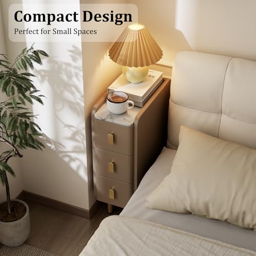 AQIMUELE Narrow Nightstand with Drawers, Narrow Side Table Leather, Small Bedside Tables for Bedroom. (Beige) - color: Beige, size: 7.8"W x 15"D x 22.8"H