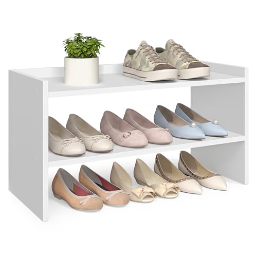 VASAGLE Shoe Rack for Closet, Stackable Organizer Shelf | Stackable Shoe Organizer Shelf for Entryway, 2 Tiers, 11.7 x 24.4 x 14.2 Inches, White, CUSTOS Collection, ULBS062WZ01S - size: 2 Tiers (24.4"W)