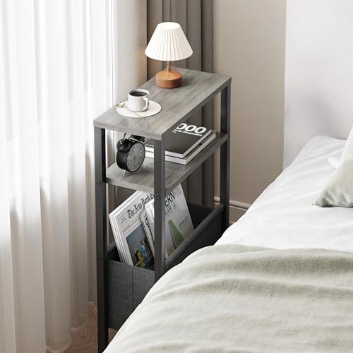 Narrow Side Table, Slim End Table with Magazine Rack, Skinny Bedside Table for Small Spaces, 3 Tier Sofa Couch Table Nightstand for Living Room, Bedroom,Oak Grey LET503Q - color: Oak Grey, style: No Charging Station