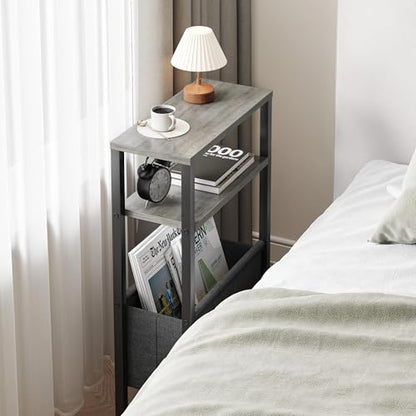 Narrow Side Table, Slim End Table with Magazine Rack, Skinny Bedside Table for Small Spaces, 3 Tier Sofa Couch Table Nightstand for Living Room, Bedroom,Oak Grey LET503Q - color: Oak Grey, style: No Charging Station