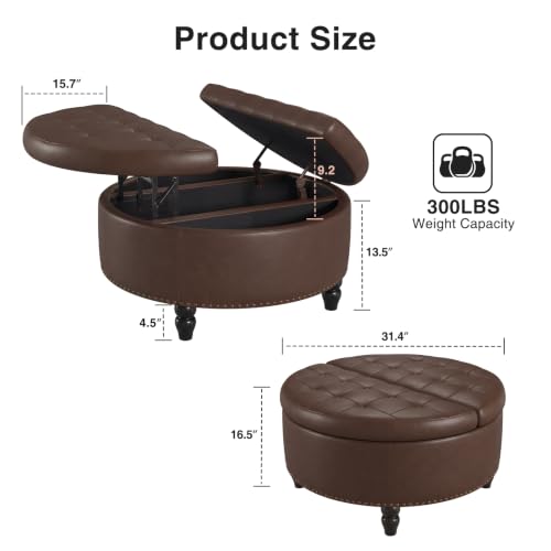 FiveWillowise 30 Inch Large Round Ottoman with Storage Circular,Chocolate | Leather Coffee Table with Lift Top,Modern Upholstered Button Tufted Footrest Stool Solid Wood Legs for Living Room,Bedroom - color: Chocolate