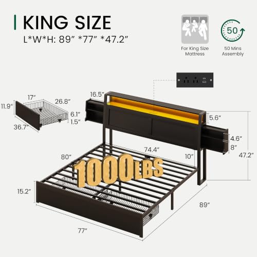 King Size Wooden Bed Frame with Storage Drawer and LED Headboard | 2-Tier Hidden Storage, Black Finish, Ergonomic Headboard, Charging Station, No Box Spring Needed, Easy Assembly - color: Black, size: King (U.S. Standard)