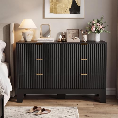 IDEALHOUSE 6 Drawer Dresser for Bedroom, Fluted Dresser for Bedroom | Fluted Door, Sturdy Structure, Easy to Clean - color: Black, size: 47.2"D x 15.6"W x 31.5"H (6 Drawers)