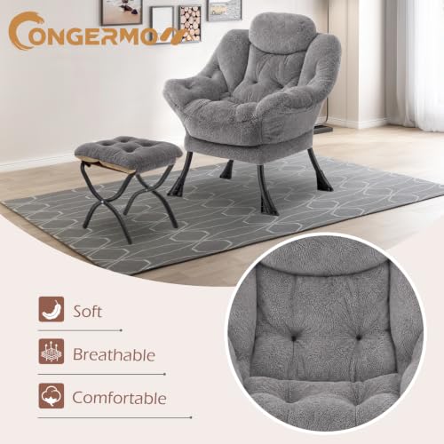 Lazy Chair with Folding Ottoman,Leisure Sofa Chair,Soft Fabric Armchair with Armrests and Side Pockets, Reading Chair with Footrest for Living Room, Bedroom, Office (Plush Light Grey) - color: Plush Light Grey