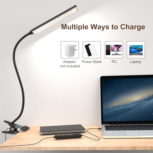 Clip on Desk Lamp, Flexible Reading Light | 5W LED Book Light, 3 Color & 6 Brightness Levels, USB Powered Adjustable Neck Lamp for Desk, Bedside, Study, Office - color: Dark Black