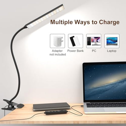 Clip on Desk Lamp, Flexible Reading Light | 5W LED Book Light, 3 Color & 6 Brightness Levels, USB Powered Adjustable Neck Lamp for Desk, Bedside, Study, Office - color: Dark Black
