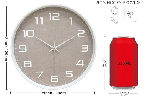 8 Inch Modern Wall Clocks Battery Operated - Silent Non Ticking Quartz Analog Clock with Large Numbers Burlap Texture, Digital Wall Clock for Bedroom Living Room Kitchen Office Gym, White - color: White Brown, size: 8 Inch