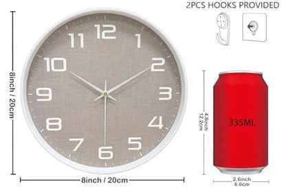 8 Inch Modern Wall Clocks Battery Operated - Silent Non Ticking Quartz Analog Clock with Large Numbers Burlap Texture, Digital Wall Clock for Bedroom Living Room Kitchen Office Gym, White - color: White Brown, size: 8 Inch