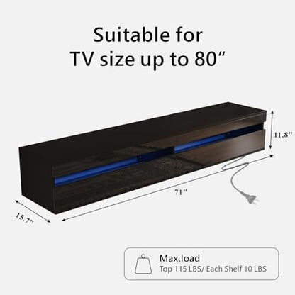 basenji 71" Floating TV Stand Wall Mounted,Solid Wood Entertainment Center with LED Lighting & Power Outlet, High-Gloss Modern Media Console for TVs up to 85",Tv Consoles for Living Room,Black - color: Black