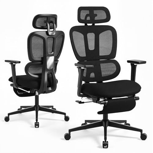 Ergonomic Office Chair with Footrest and Dynamic Lumbar Support, Black | Reclining high-back computer chair, memory foam seat, 4D armrests, 2D headrest, mesh desk chair for home office, long hours - color: Black