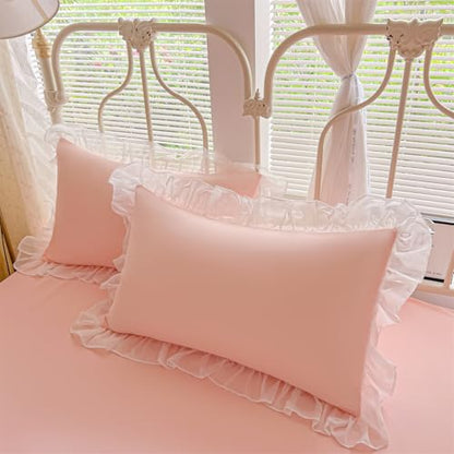 MOOWOO Lace Ruffled Bedding Setwith Cute Bowtie- 3PC(1 Full Duvet Cover 80x90 Inch, 2 Pillowcases) Aesthetic Bedding for Romantic French Wedding - color: Pink, size: Full